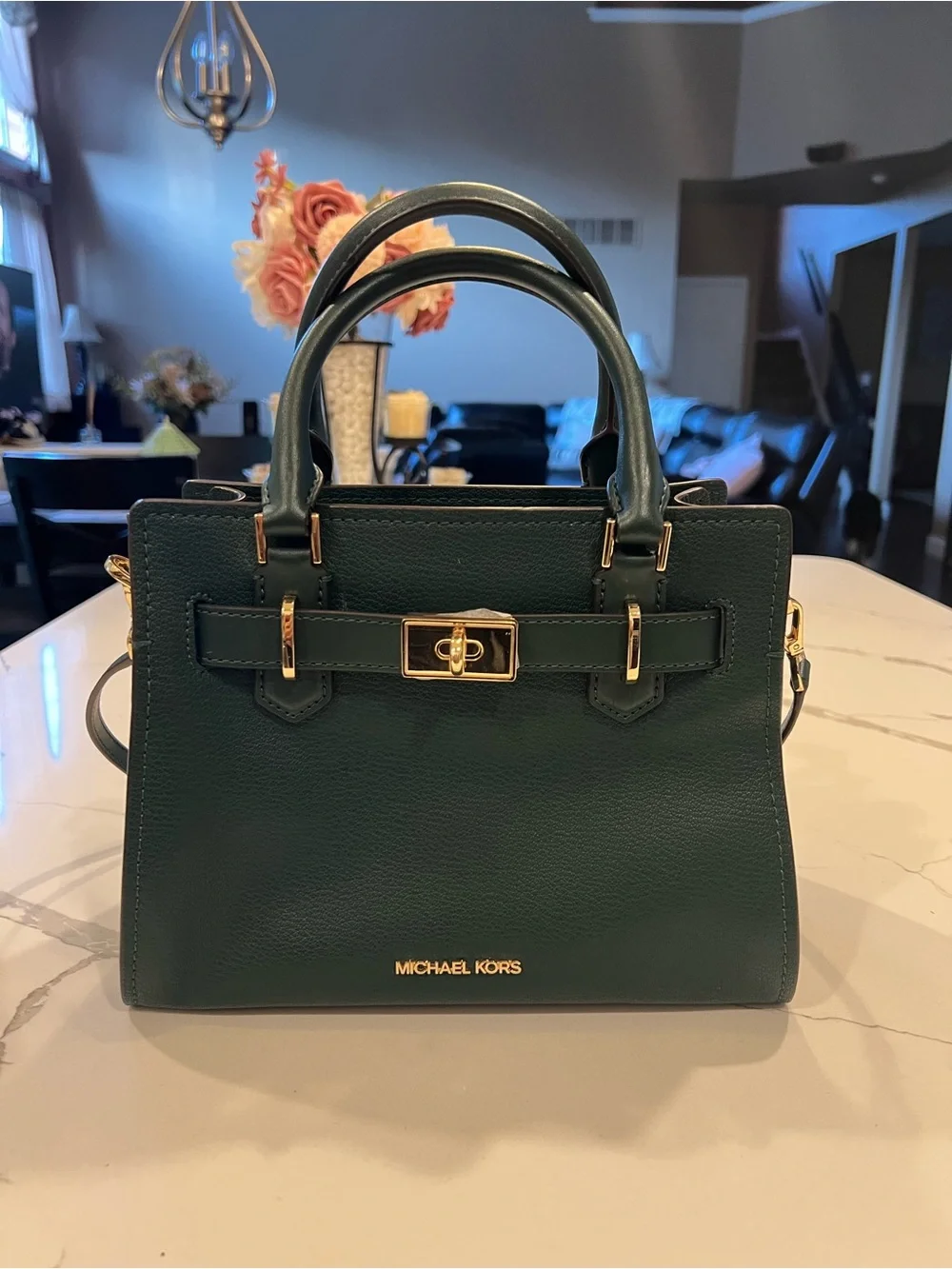 MICHAEL KORS Deep Green Leather Satchel with Gold Hardware